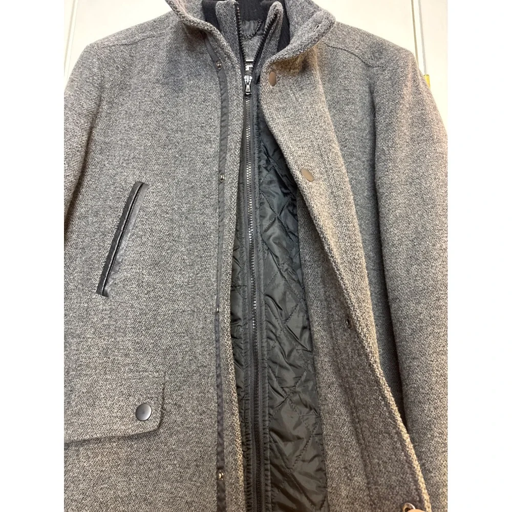 Kenneth Cole New York‎ Mens Grey Wool Blend Car Coat Jacket with Quilted Bib L